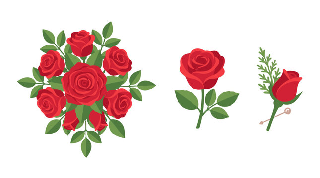 Red rose bouquet with single rose and bud vector set