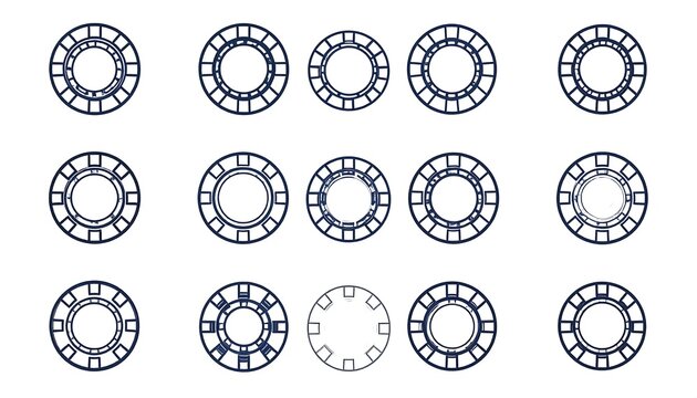 Line-art poker chips in varying shades of blue and gray arranged on a white background