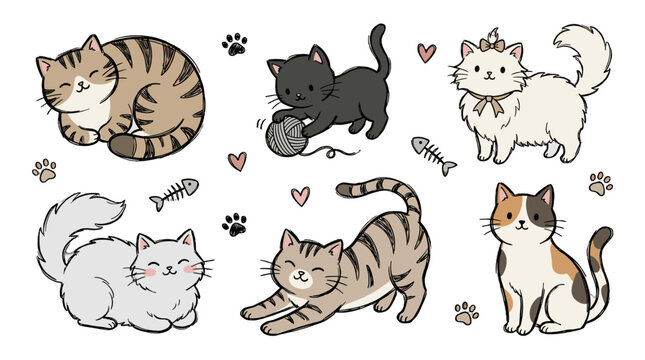 Cute hand drawn cartoon cats with paws hearts and fish bones