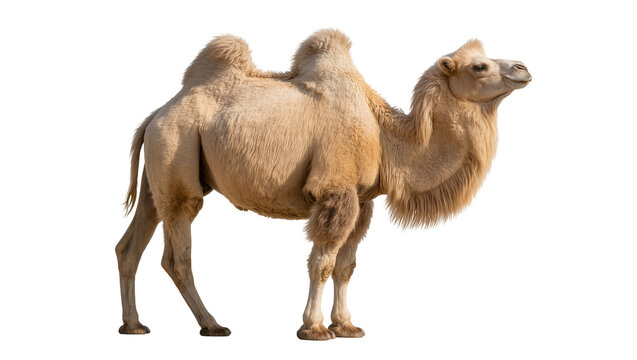 Dromedary camel with one hump light brown fur, standing profile view