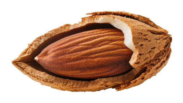 Almond nut in shell cracked open showing kernel
