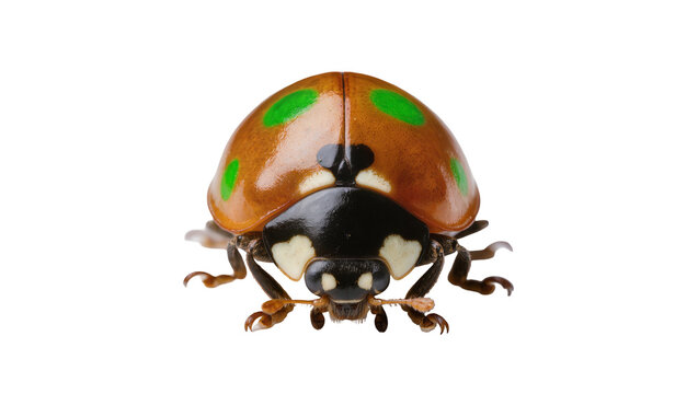 Brown ladybug with green spots on white
