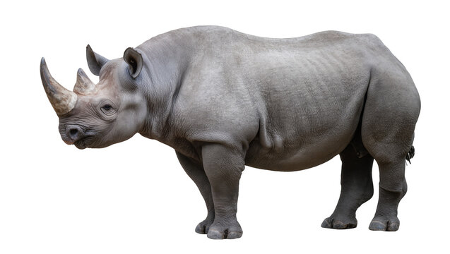 Gray rhinoceros with two horns standing profile view
