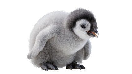 Fluffy baby penguin with grey downy feathers and black head markings © Elena