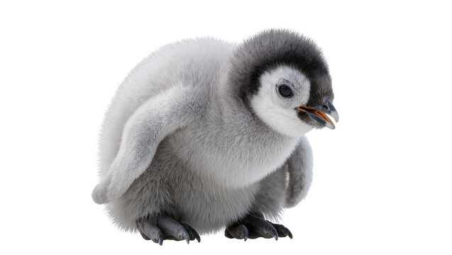 Fluffy baby penguin with grey downy feathers and black head markings
