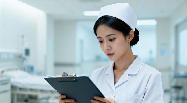 Nurse reviewing patient chart in hospital ward