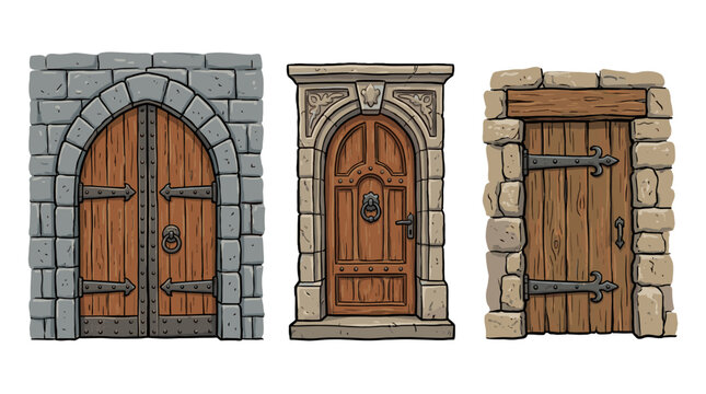 Set of medieval wooden doors with stone arch frames