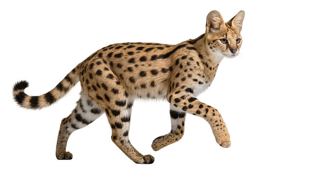Serval cat walking with spotted fur and long legs