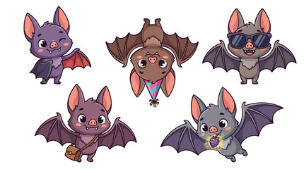 Naklejka premium Set of cute cartoon bats in playful poses on white background