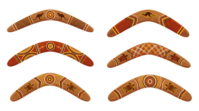 Set of decorated wooden boomerangs in flat vector style