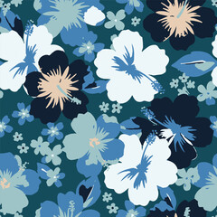Vibrant seamless pattern featuring bold tropical hibiscus flowers and floral elements in dark teal, navy, and light blue tones. © deepika