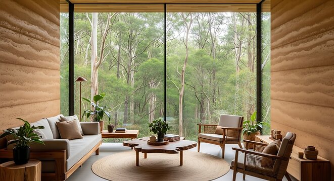Modern living room interior featuring rammed earth walls, elegant wooden furniture, and a large window overlooking a lush forest