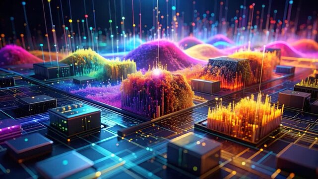 A futuristic digital landscape with colorful geometric shapes and light trails