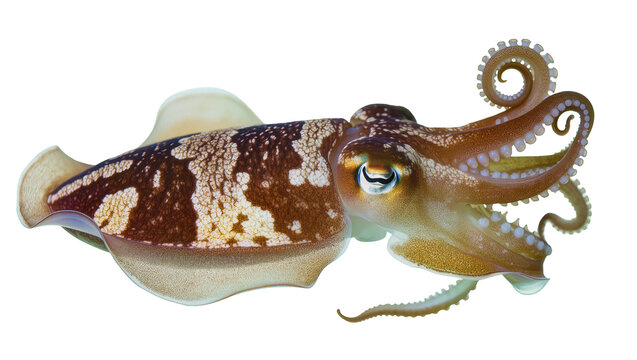 Brown and white spotted cuttlefish with curled tentacles