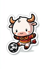 Fototapeta premium Cheerful cartoon cow kicking soccer ball playful environment graphic art fun concept for all ages