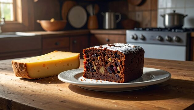 A slice of rich fruitcake with a wedge of sharp cheddar cheese served on a plate in a rustic kitchen setting