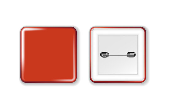 Red badge mockup. Square badge button brooch. Realistic white blank glossy quadrilateral button badge pin with white plastic back cover. Vector illustration.