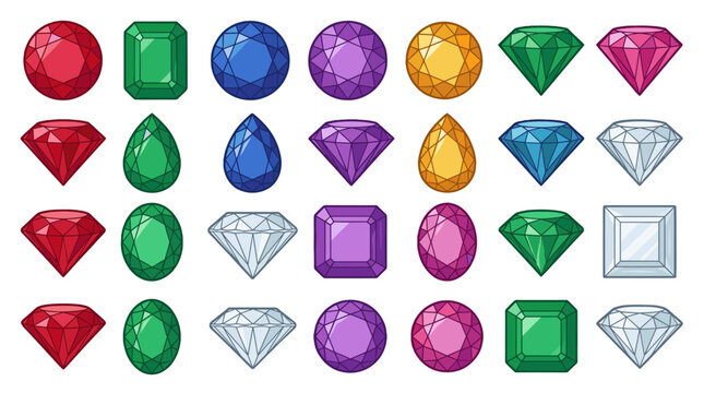 Set of colorful faceted gemstone icons in assorted shapes