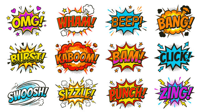 Vibrant multicolored comic book onomatopoeia sound effects set.