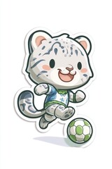 Fototapeta premium Playful cartoon snow leopard kicking soccer ball sport event fun environment whimsical viewpoint