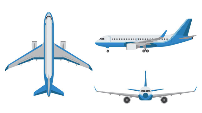 Commercial passenger airplane shown in top side and front views