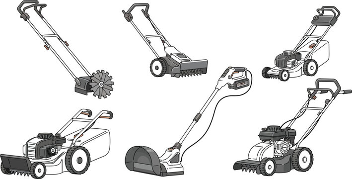 Collection of lawn care equipment illustrations including lawnmowers and aerators flat vector design for gardening and landscaping concepts isolated on white