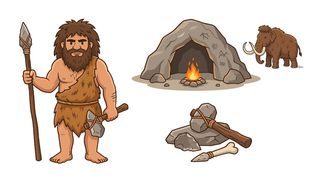 Cartoon prehistoric human with cave, mammoth, fire and tools