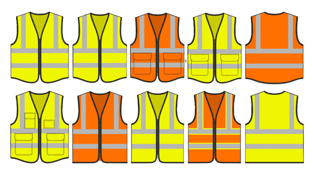 Set of high visibility safety vest designs in yellow and orange