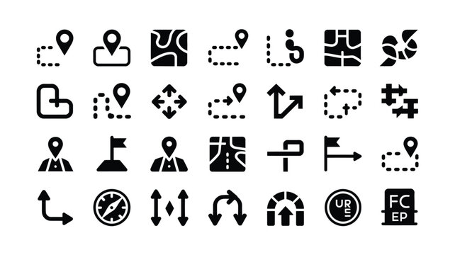 Collection of route mapping and location marker icons for navigation systems and travel.
