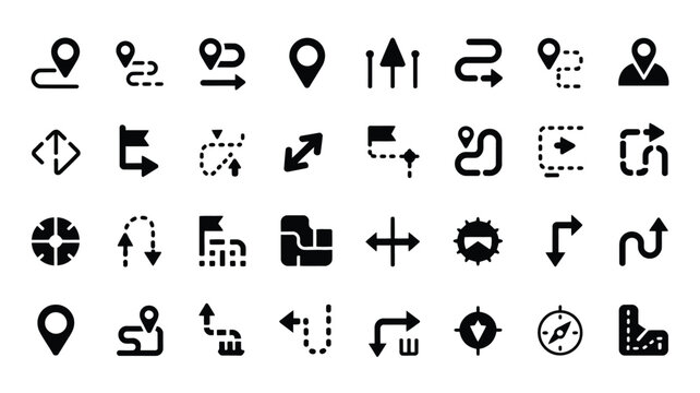 Set of navigation and location pin icons featuring various route paths and map directions.