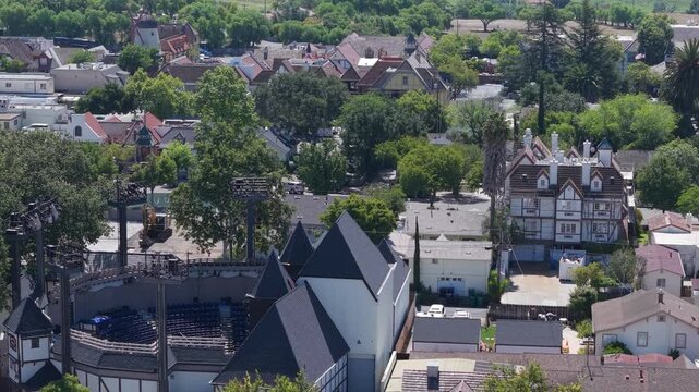 Aerial drone view of Solvang Shakespeare Theatre in California a Danish town
