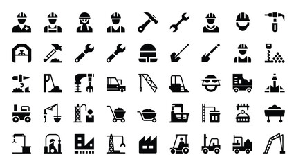 Construction and industry worker tools and machinery line icon set vector illustration. © Shela