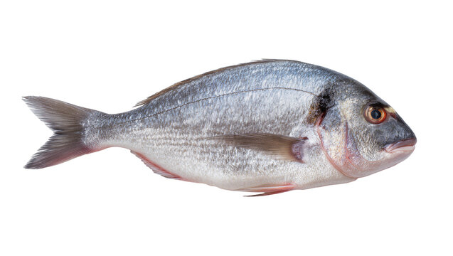 Whole raw sea bream fish with silver scales and orange eye