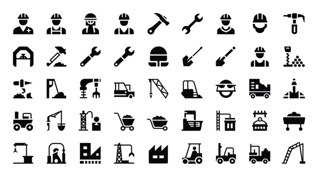 Construction and industry worker tools and machinery line icon set vector illustration.