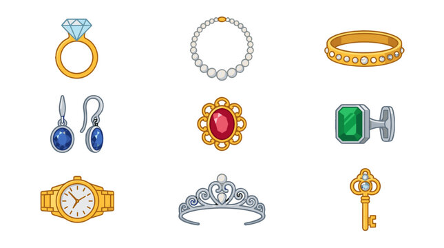 Set of jewelry and luxury accessory icons in flat vector style
