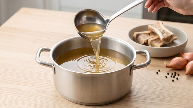 Pouring clear bone broth from a ladle into a stainless steel pot with marrow bones and shallots on a wooden table culinary cooking lifestyle concept