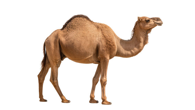 Dromedary camel with one hump standing on white