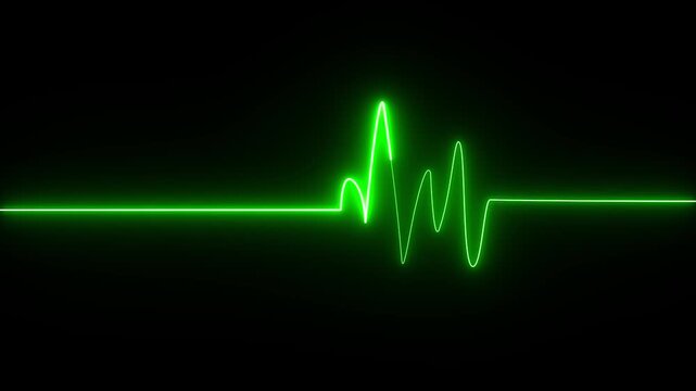 Green glowing neon heartbeat pulse animation on a black background showing cardiogram style motion graphics in a loop, ECG medical concept video design.