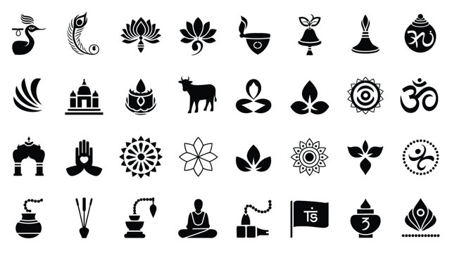 Spiritual hindu indian icon set for festivals, yoga, and meditation practices.