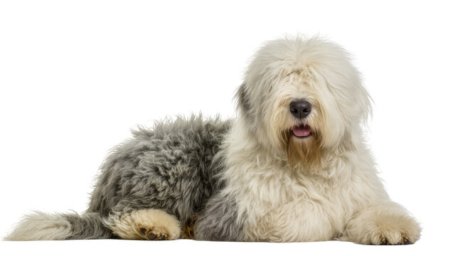 Old English Sheepdog lying down with tongue out