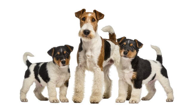 Three Fox Terrier dogs adult and puppies, standing together