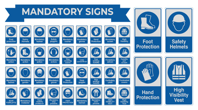 Comprehensive collection of blue mandatory safety signs for industrial workplaces in a clean vector graphic design