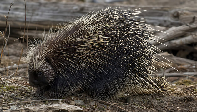 North American porcupine with sharp quills on forest floor