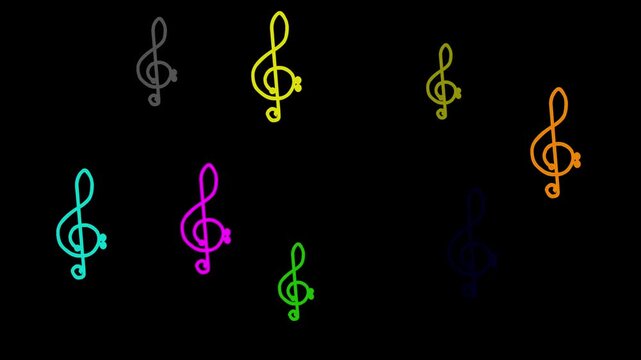 Glowing neon line music icon animation on a black background. Colorful music notes animation video background for music production and lyric videos.
