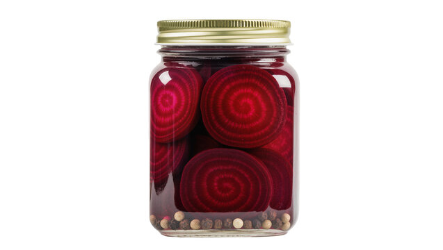 Jar of pickled beet slices with peppercorns