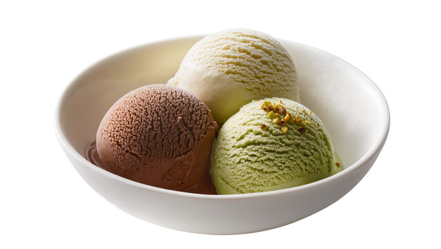 Three scoops of ice cream in a white bowl chocolate pistachio, vanilla