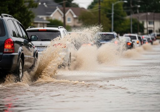 Car driving through deep flood water on a residential street