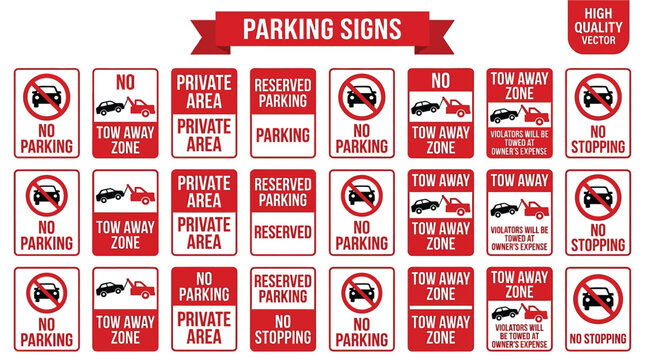 A comprehensive collection of red and white flat vector parking signs for modern traffic design
