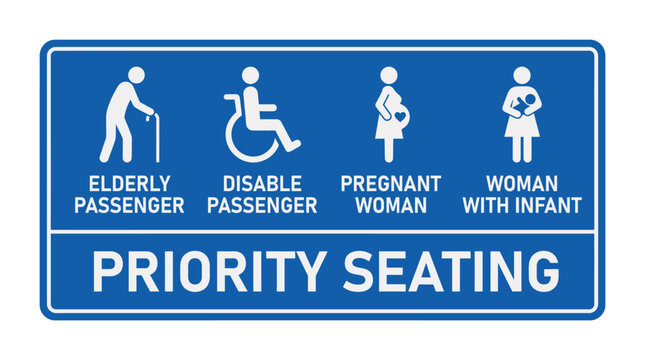 Blue vector graphic illustration showing priority seating signs for elderly disabled pregnant and infant passengers