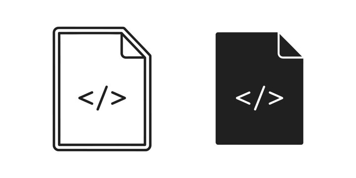 Document file icons with code symbols on white and black backgrounds representing digital data and programming